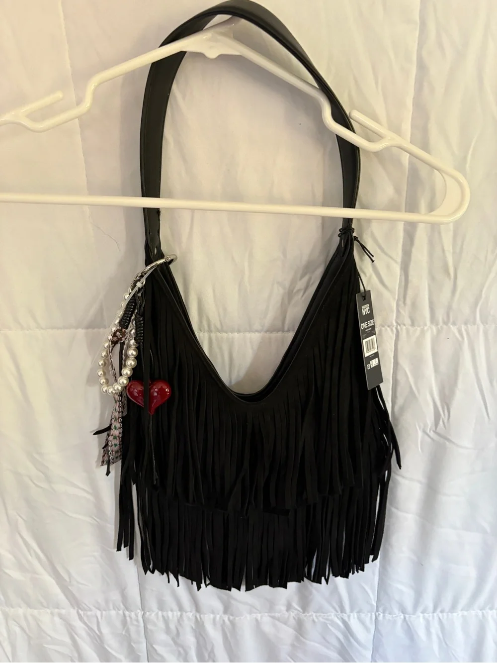 Black Fringe Shoulder Hobo Bag with Charm Accent